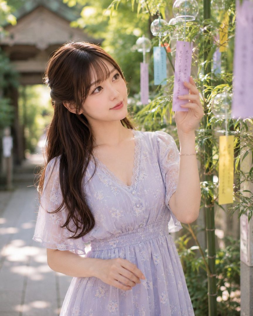 A young woman in a light purple dress with floral patterns stands outdoors, looking up at colorful paper strips hanging from bamboo, with a gentle smile.