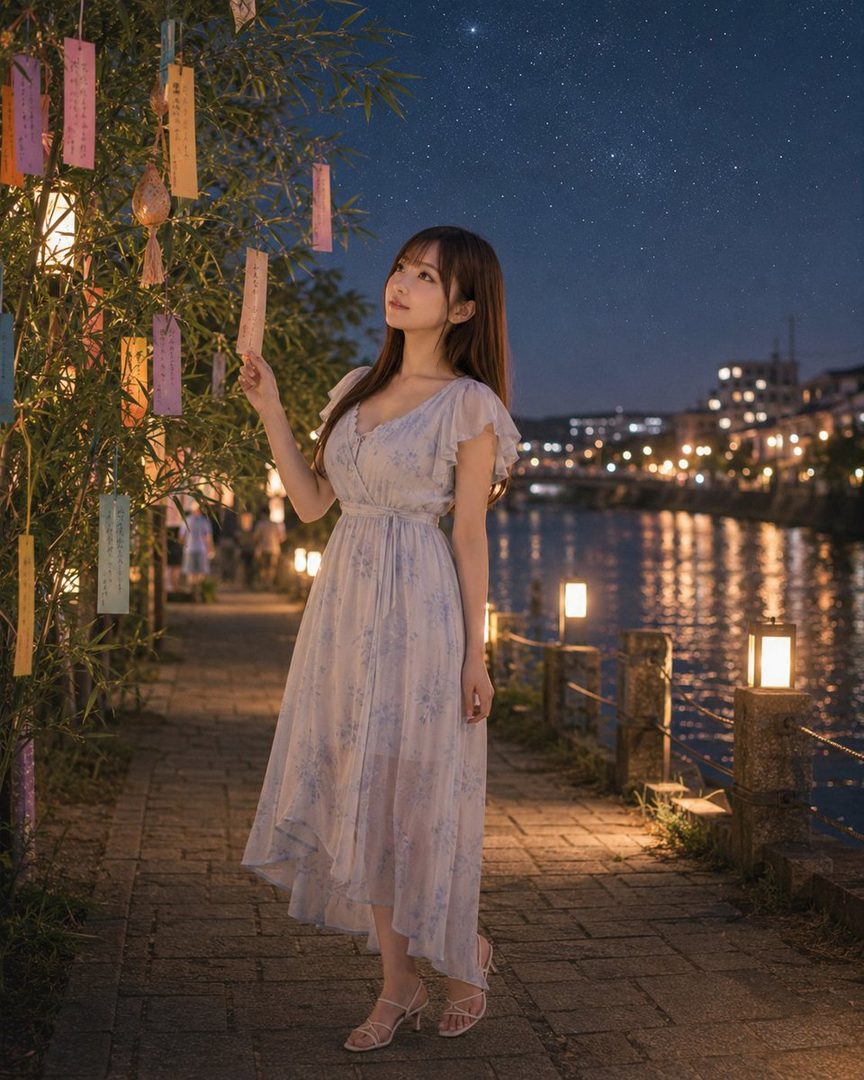 A beautiful woman in a light dress looks up at the starry night sky next to a river, with illuminated lanterns and bamboo decorations.