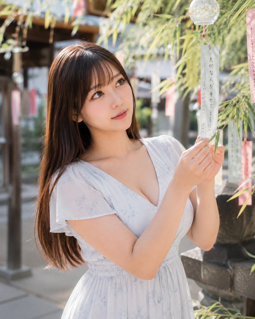 A young woman with long brown hair and bangs, wearing a light blue dress, looks up while holding a bamboo leaf near traditional Japanese wish strips.