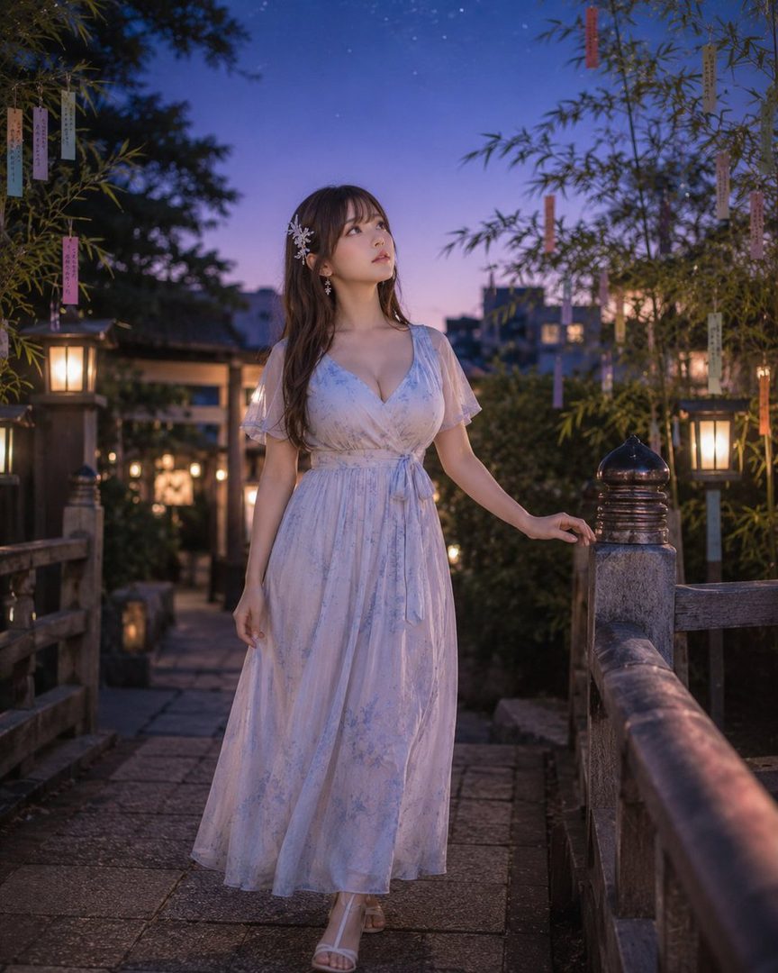 A woman in a light blue dress stands on a stone bridge at night, looking up at the starry sky, with lanterns and bamboo decorations around her.