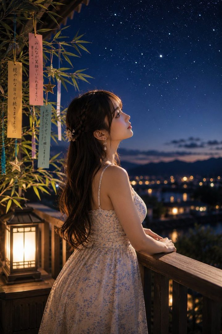 A young woman in a floral dress looks up at the starry night sky from a balcony adorned with bamboo and tanzaku wishes.