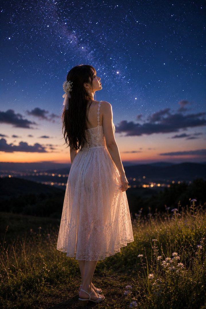 A woman in a white dress looks up at a starry night sky from a grassy hill with city lights in the distance.