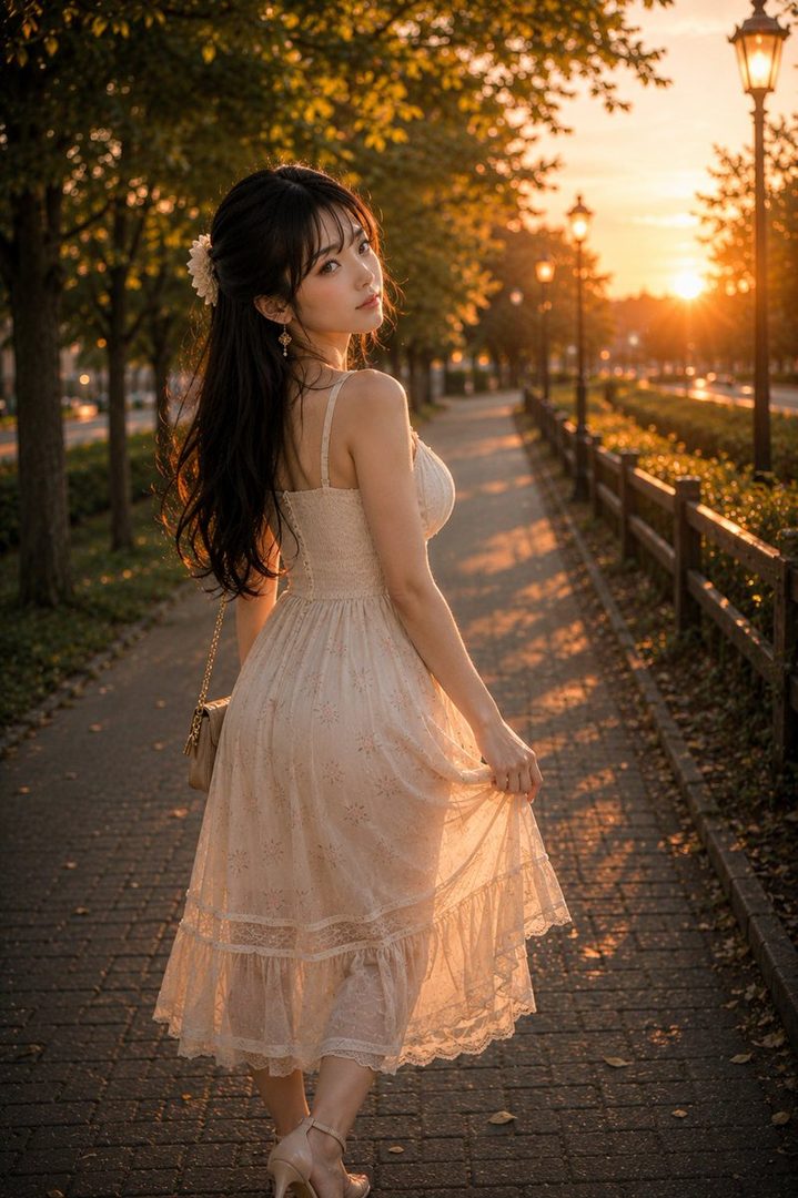 A beautiful woman in a light dress walks along a tree-lined street at sunset, looking back over her shoulder.