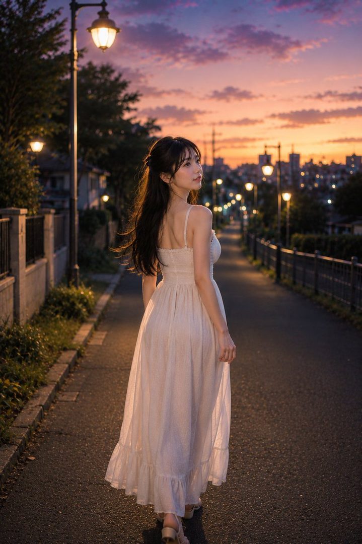 A young woman in a white dress walks down a street at dusk, looking over her shoulder with streetlights illuminating the path behind her.