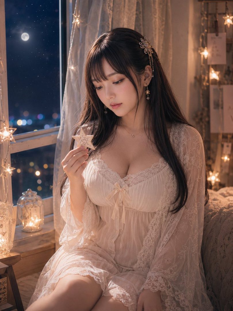 A woman in a lacy nightgown holds a star ornament by a window at night, with a full moon visible outside.