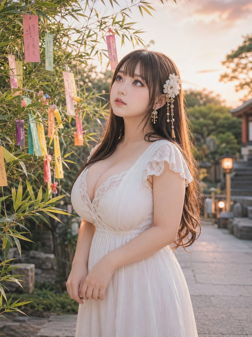 A beautiful woman with long brown hair and bangs, wearing a white lace dress, looks up at a bamboo tree adorned with colorful paper strips during golden hour.