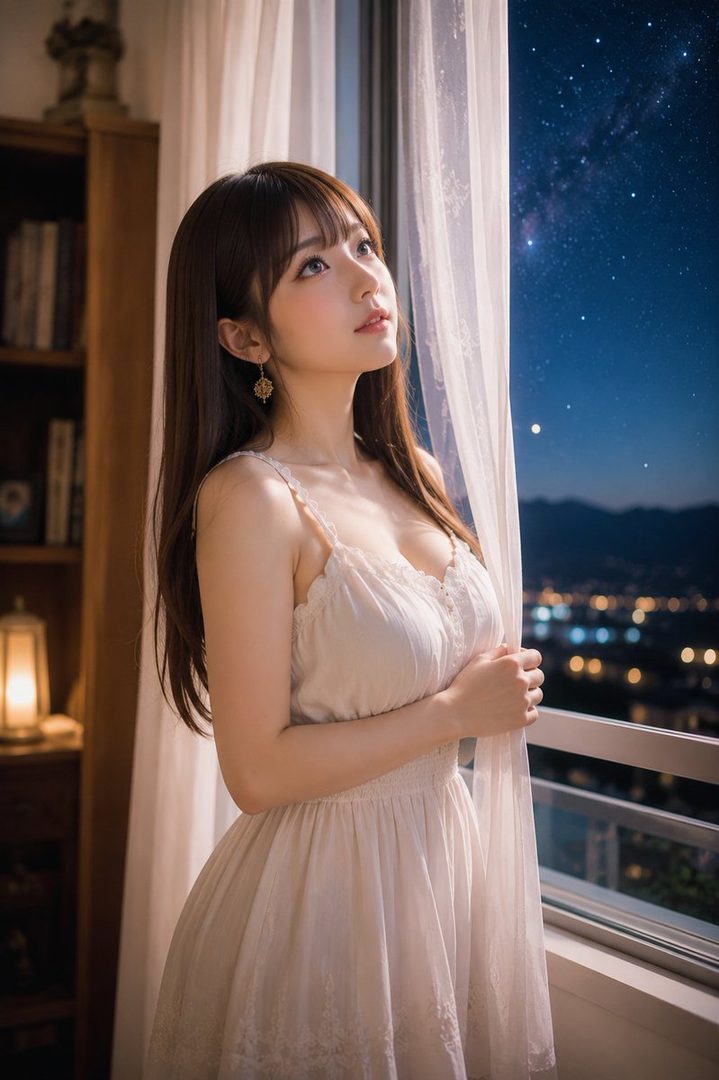 A young woman in a white dress looks up at the starry night sky from a window, with city lights in the distance.