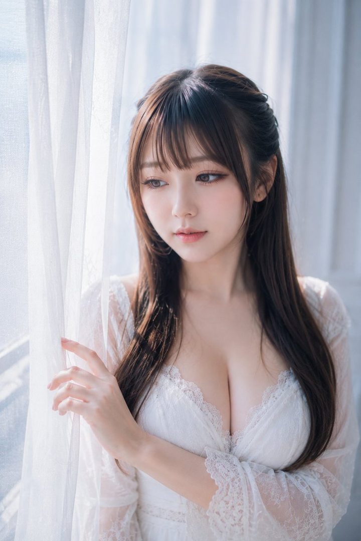 A beautiful woman with long brown hair and bangs, wearing a white lace top, stands by a window with sheer curtains, looking thoughtfully to the side.