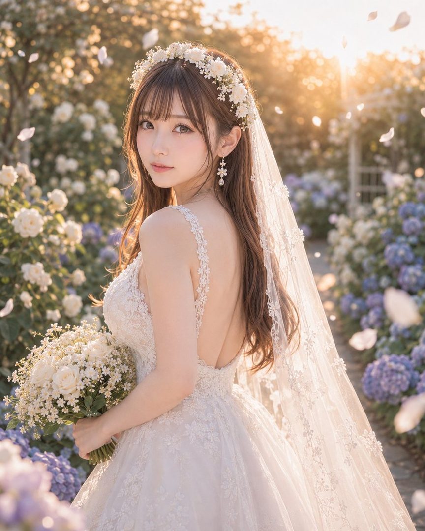 A beautiful bride in a white wedding dress and veil holds a bouquet of white flowers in a sunlit garden with hydrangeas.