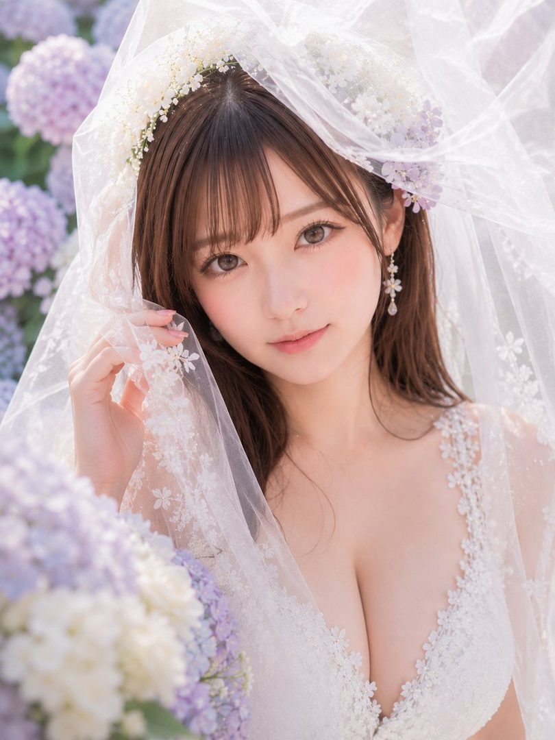 A beautiful woman in a white wedding dress and veil poses among purple hydrangeas, looking softly at the camera.