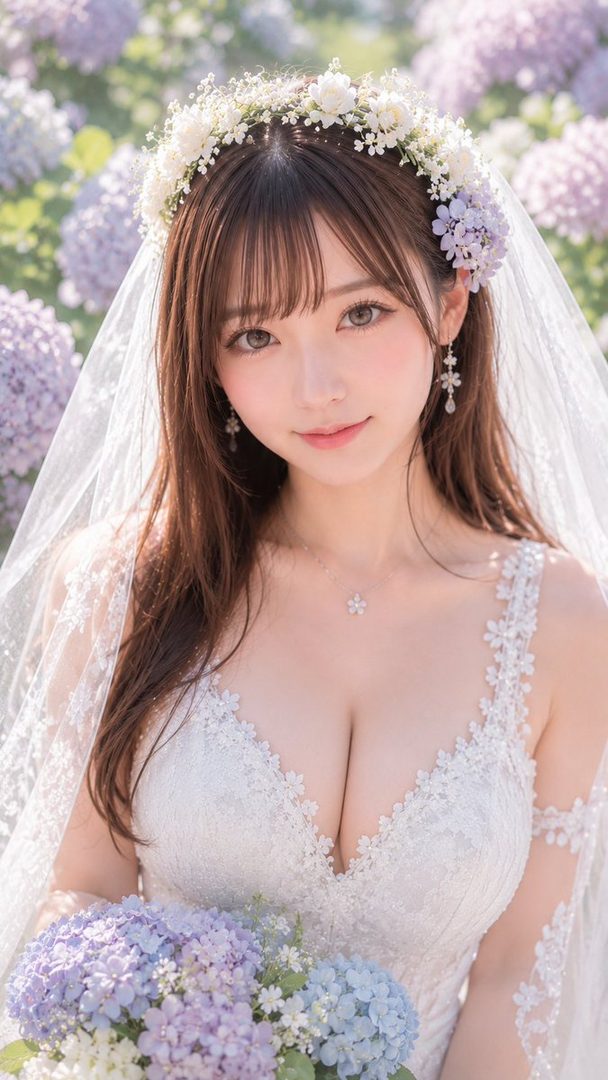 A beautiful bride with long brown hair and bangs, wearing a white wedding dress and veil, holding a bouquet of hydrangeas, with a soft outdoor background.