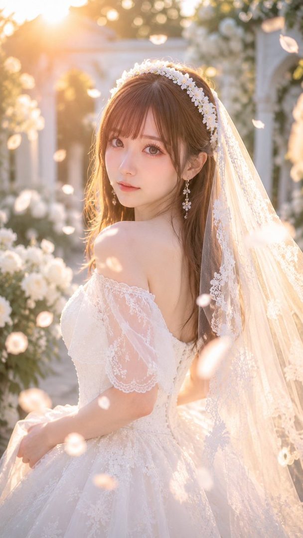 A beautiful bride with long brown hair and bangs, wearing a white lace wedding dress and veil, stands outdoors during golden hour with white flowers in the background.
