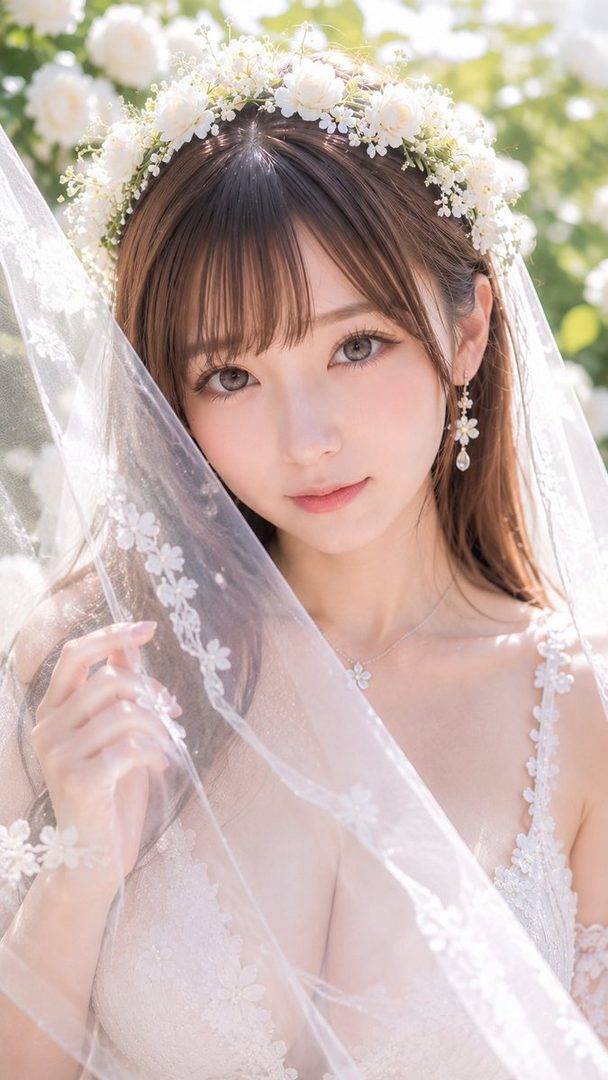 A beautiful woman with brown hair and bangs wears a white wedding dress and floral crown, looking softly at the camera through a sheer veil.