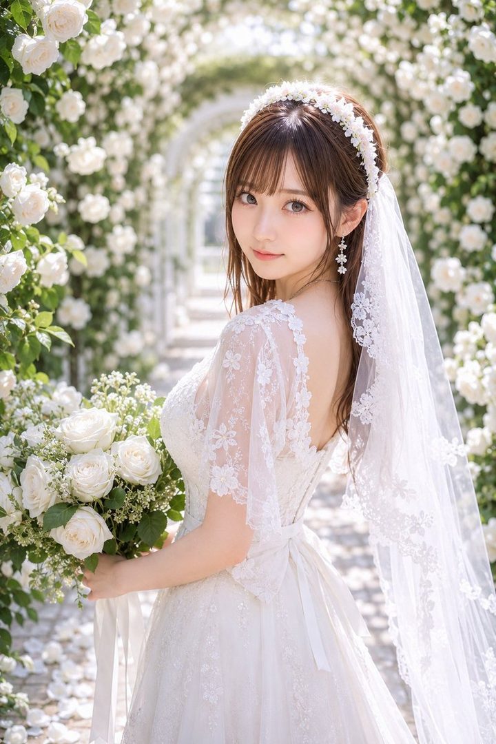 A beautiful woman in a white wedding dress and veil holds a bouquet of white roses in a rose garden.
