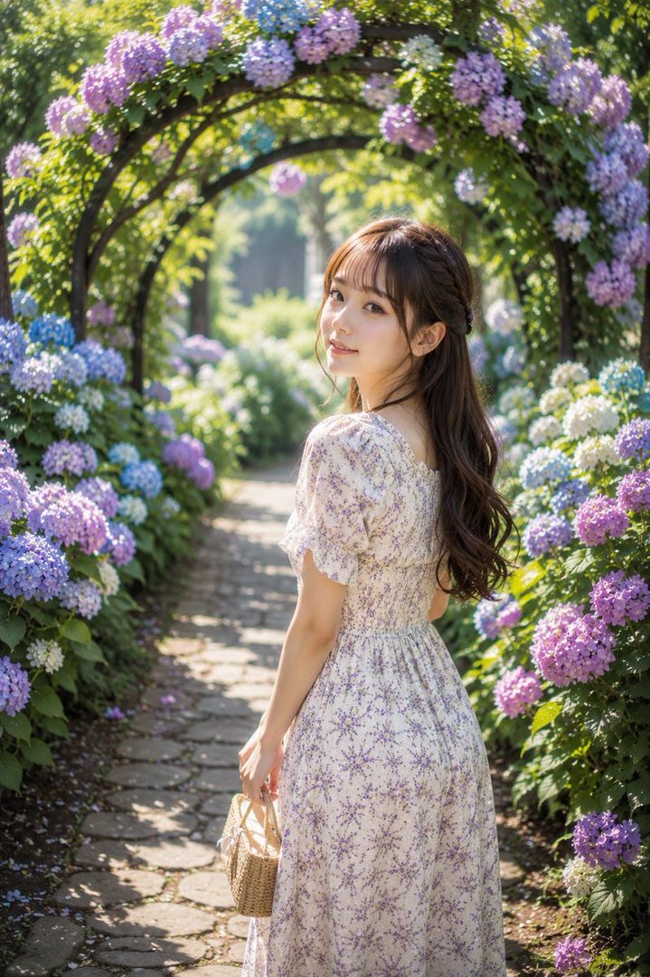 A young woman in a floral dress walks through a garden path lined with purple and blue hydrangeas, looking back at the camera.
