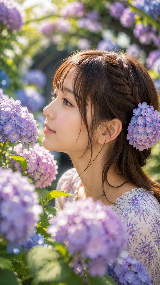 A beautiful woman with brown hair and a braided style, adorned with purple flowers, stands in a garden surrounded by hydrangeas on a sunny day.