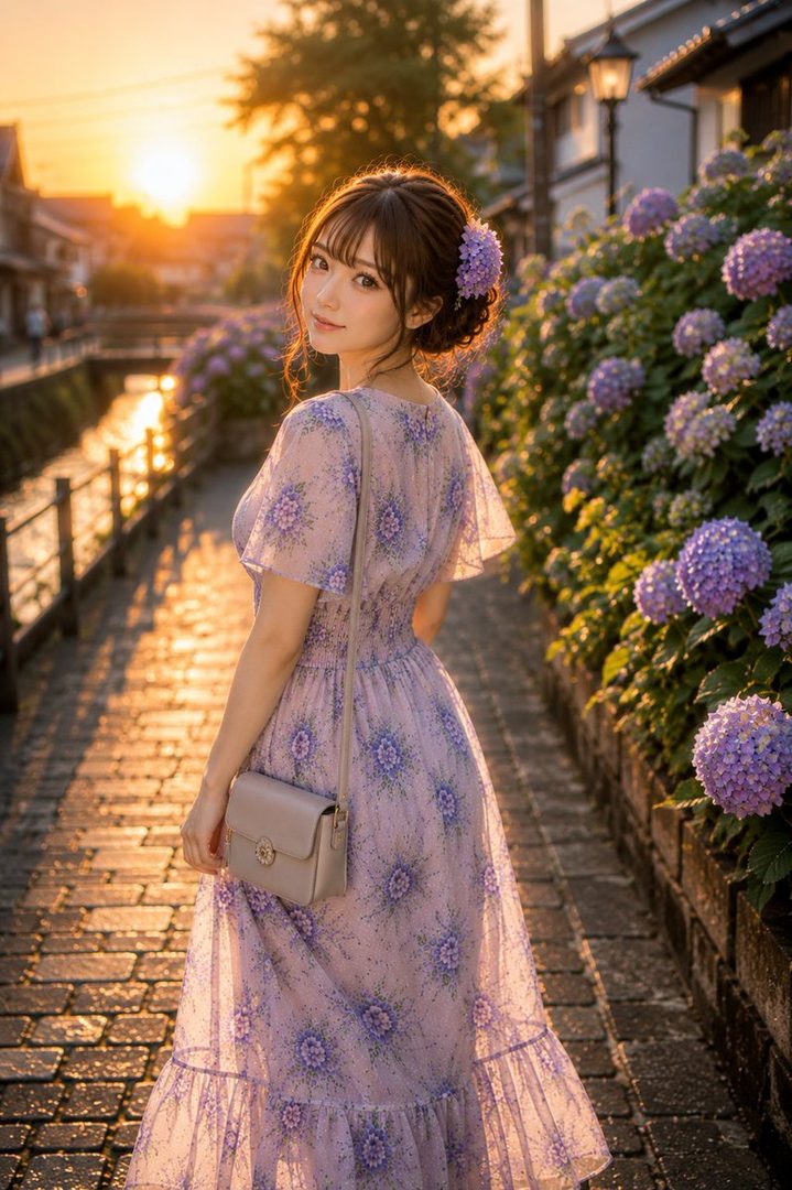 A young woman in a light purple floral dress walks along a canal lined with hydrangeas at sunset.