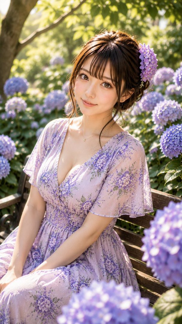 A beautiful woman with brown hair and bangs, wearing a purple floral dress, sits on a bench surrounded by hydrangeas in a sunlit garden.