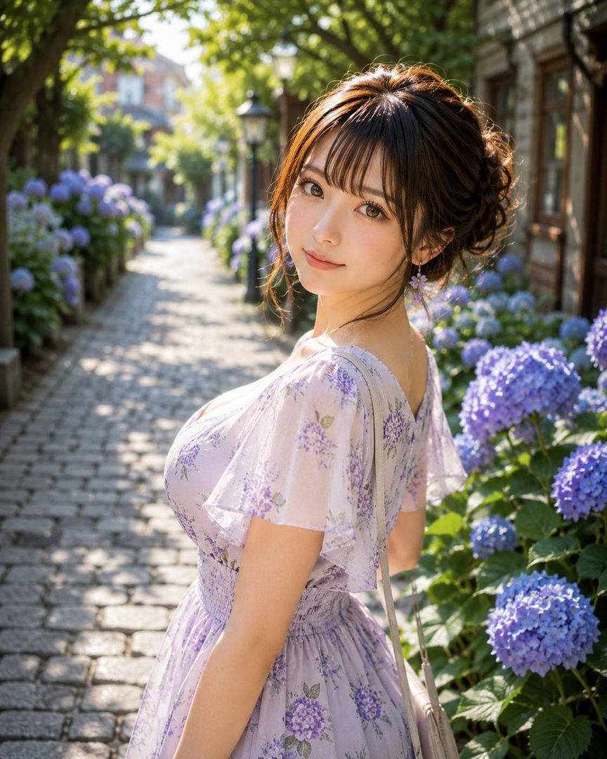 A beautiful woman in a light purple floral dress stands on a cobblestone path lined with hydrangeas, looking back at the viewer.