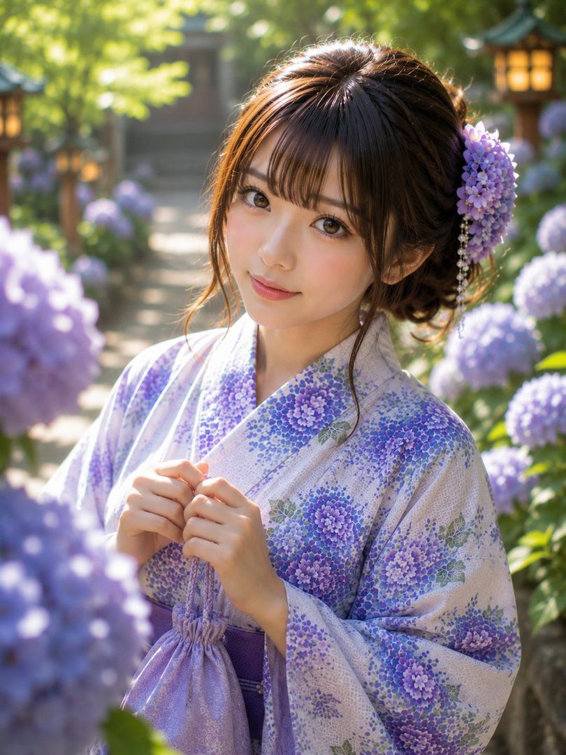 A beautiful Japanese woman in a purple yukata with floral patterns stands in a garden surrounded by hydrangeas, holding a small matching pouch.