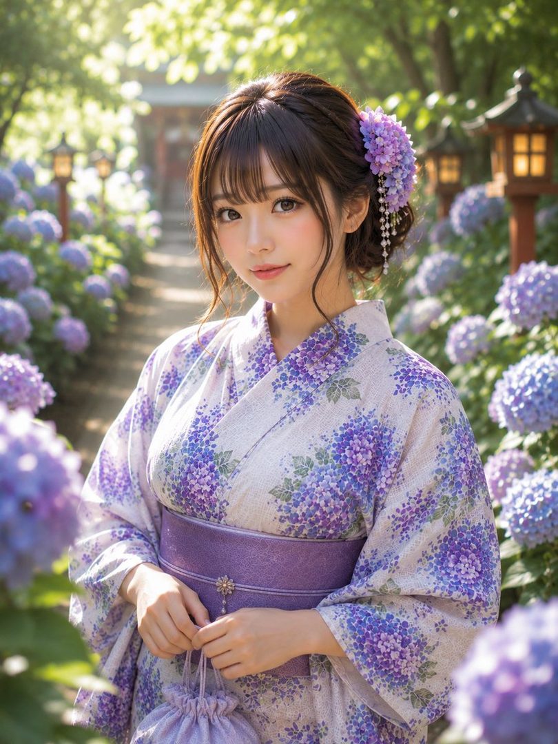 A young woman in a purple floral kimono stands in a garden filled with hydrangeas, bathed in dappled sunlight.