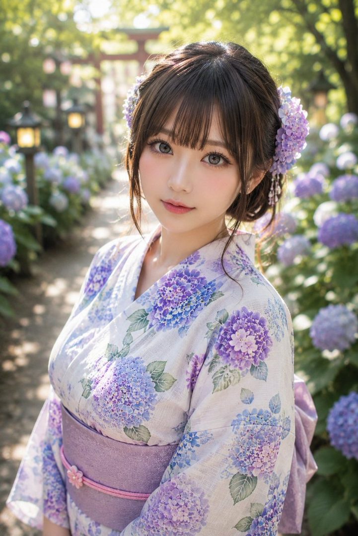 A beautiful woman in a light purple yukata with hydrangea patterns stands in a sun-dappled garden path, adorned with matching floral hair accessories.