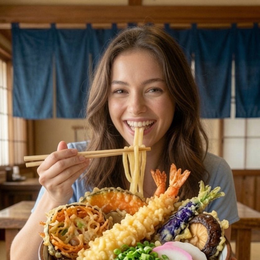 A smiling woman with long brown hair is happily eating a bowl of tempura udon with chopsticks in an indoor setting.