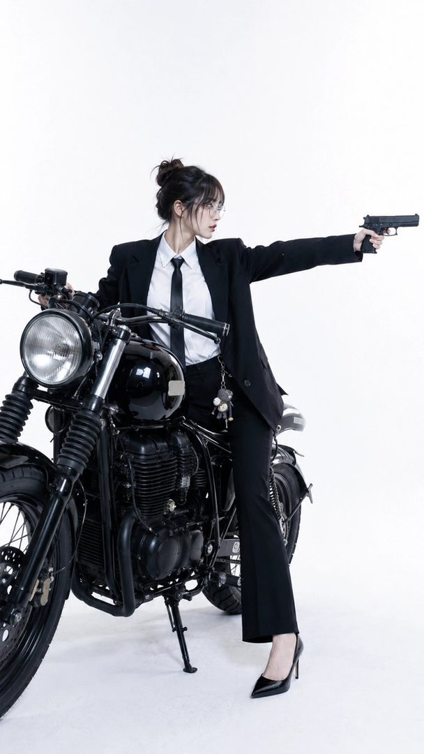 A woman in a black suit and tie poses with a handgun and a vintage motorcycle in a white studio.