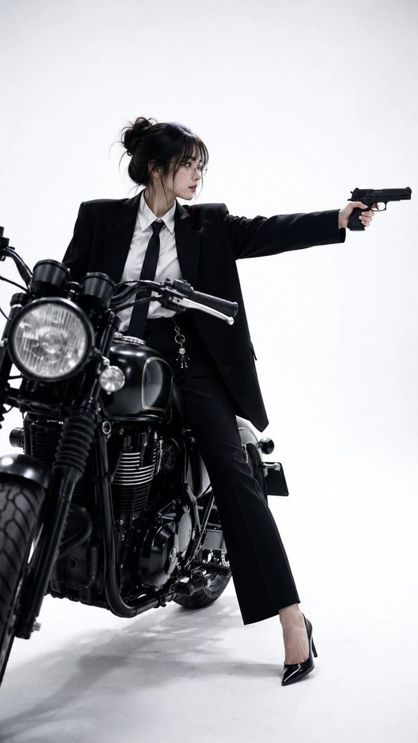 A woman in a black suit and tie sits on a motorcycle, holding a handgun in a white studio.