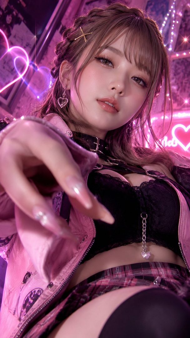 A photorealistic portrait of a woman with brown hair and bangs, wearing a pink jacket and black bra, with neon pink heart lights in the background.