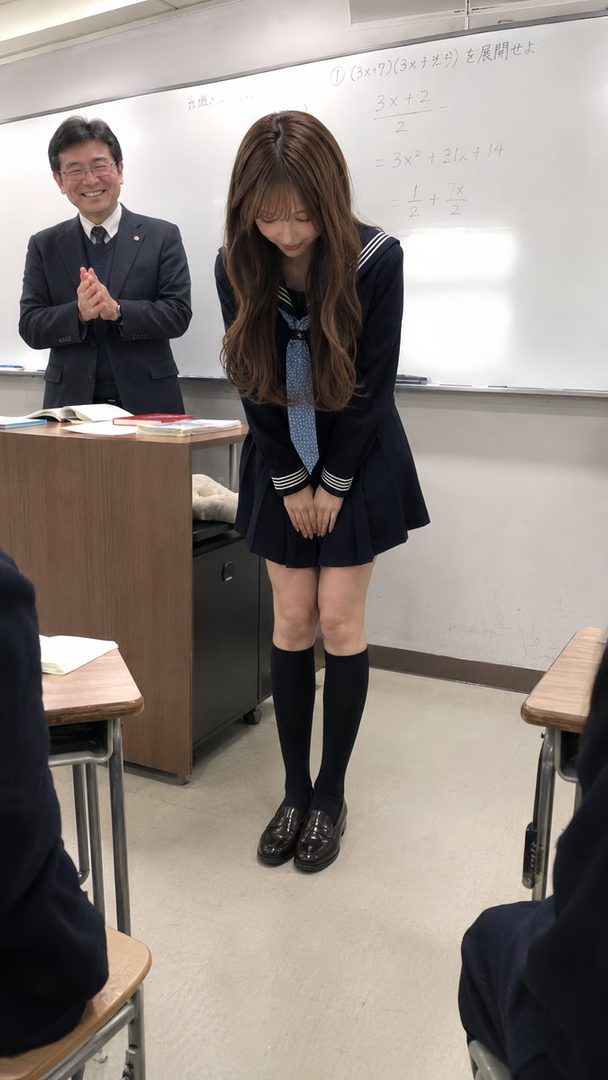 A young woman in a Japanese school uniform bows in front of a whiteboard with math equations, while a smiling man in a suit claps in the background.