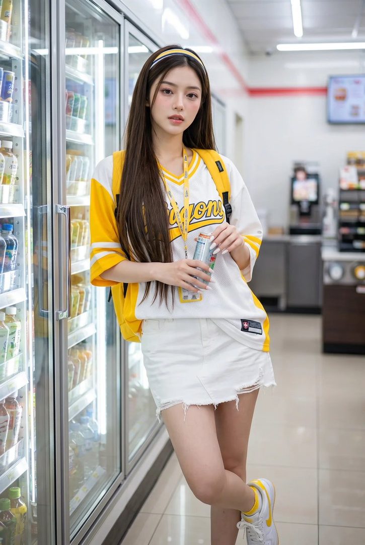 A young woman with long brown hair and a yellow and white sports jersey stands in a convenience store aisle, holding a drink.