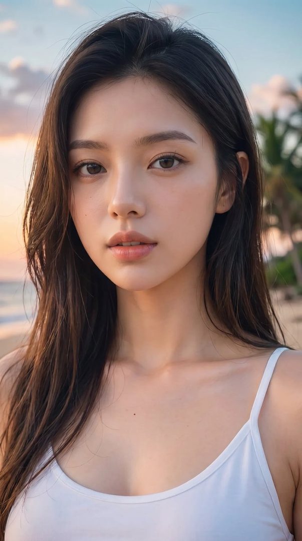 A photorealistic portrait of a young woman with long brown hair, wearing a white top, standing on a beach at golden hour.