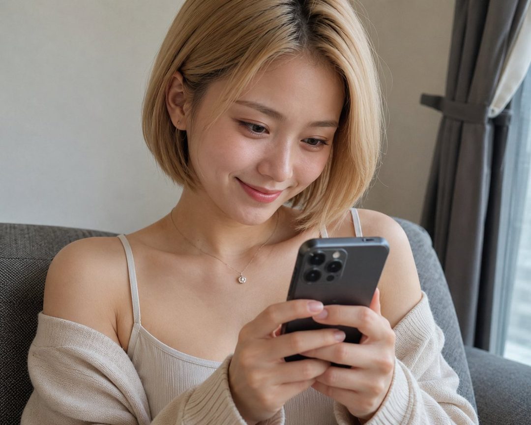 A young woman with short blonde hair smiles while looking at her phone indoors.