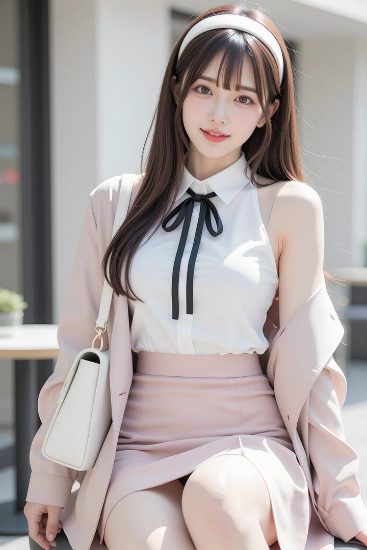 A young woman with long brown hair and bangs, wearing a white blouse with a black ribbon and a pink skirt, sits outdoors.