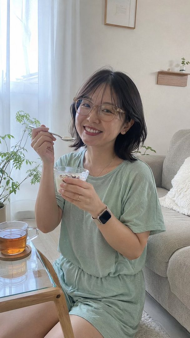A smiling woman with short black hair and glasses is sitting on the floor, eating yogurt in a bright indoor setting.