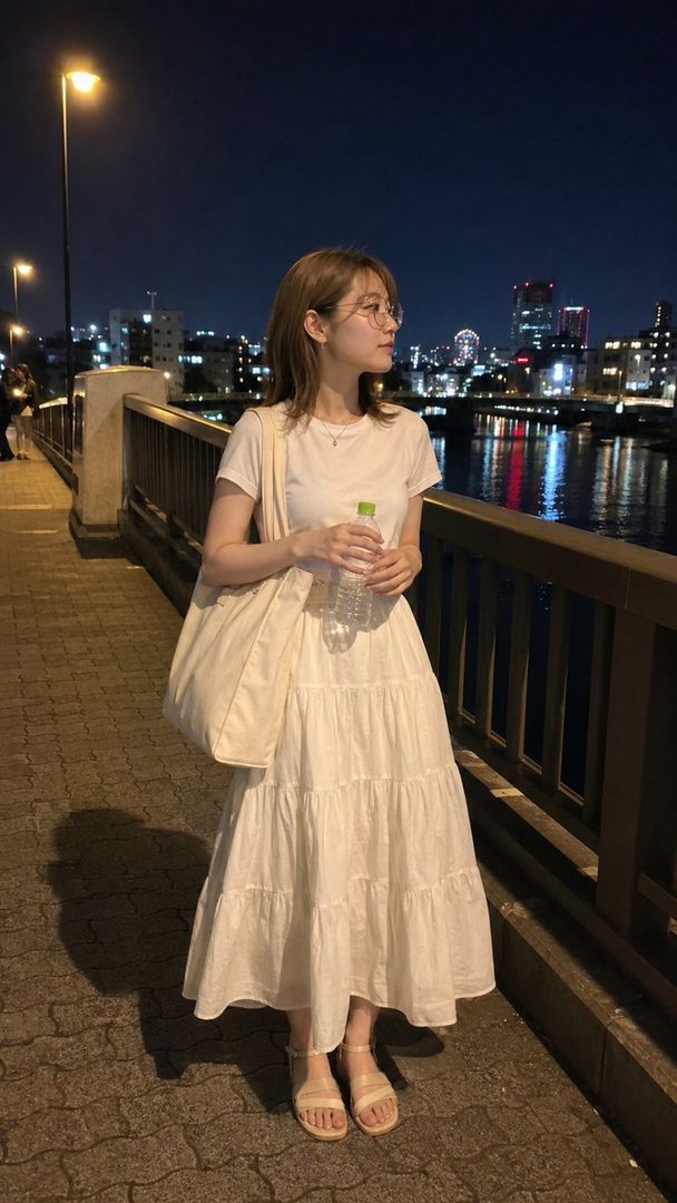 A young woman in a white dress and glasses stands on a bridge at night, holding a water bottle, with city lights in the background.