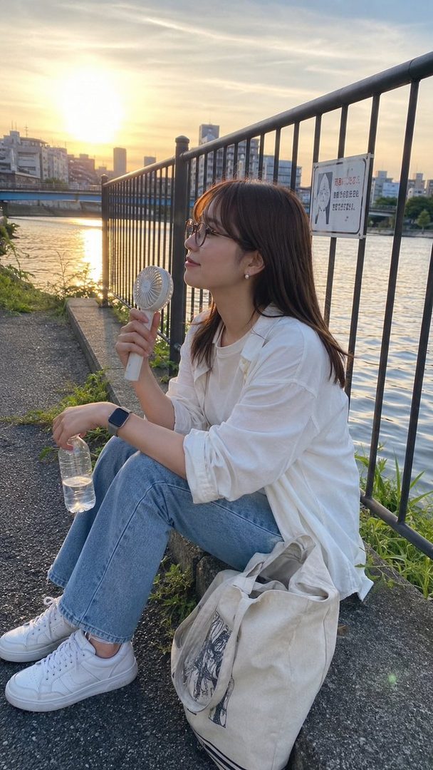 A young woman with brown hair and glasses sits by a river at sunset, holding a portable fan and a water bottle.