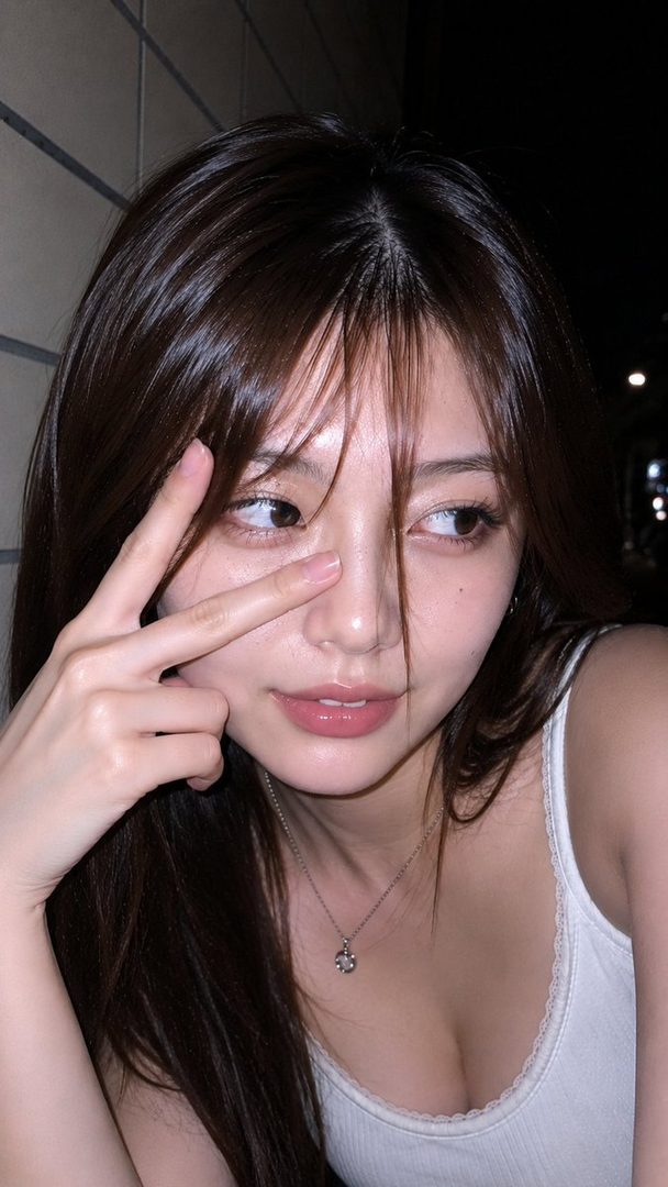 A young woman with long brown hair and bangs makes a peace sign gesture while looking to the side at night.
