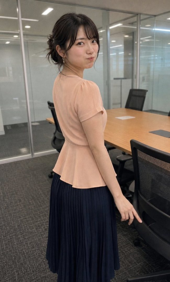 A young woman in a peach blouse and dark pleated skirt poses in an office setting, looking back at the camera with a playful expression.