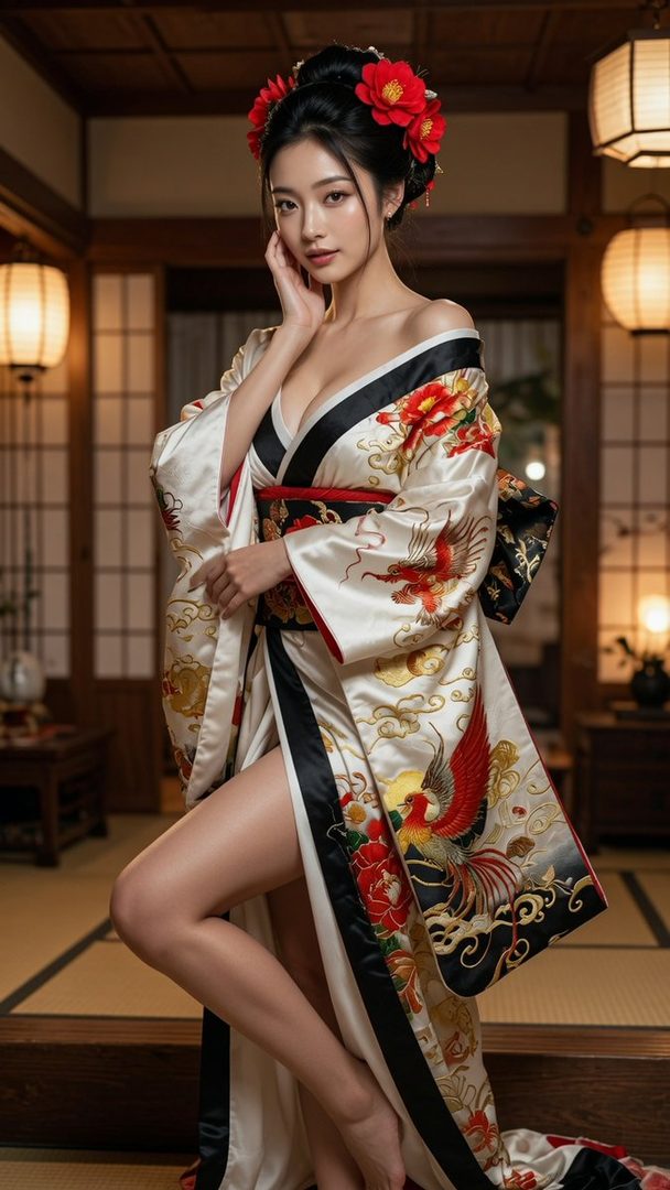 A beautiful woman in a traditional Japanese kimono with red floral hair ornaments poses indoors.