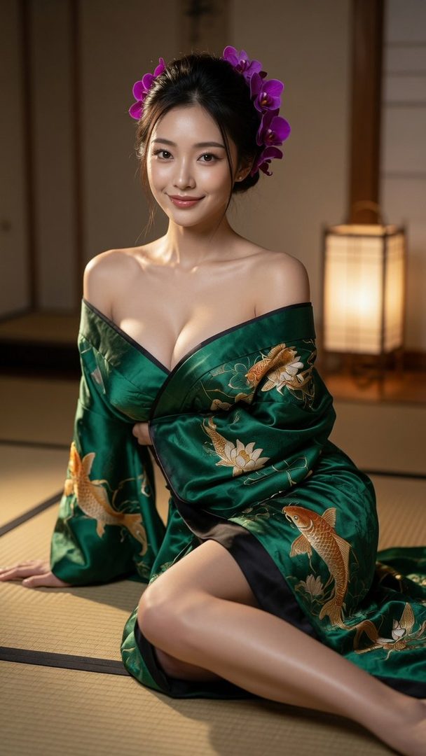A beautiful woman with dark hair adorned with purple orchids wears a green kimono with gold koi fish patterns, sitting gracefully on a tatami mat in a dimly lit room.