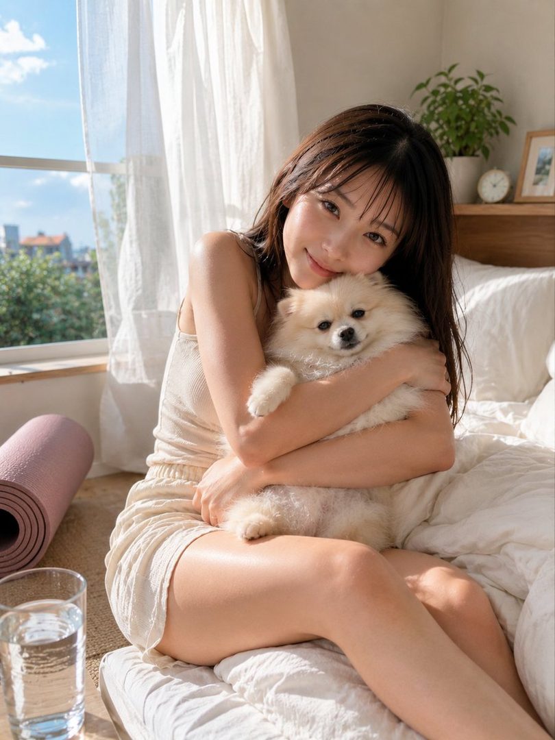 A young woman with long brown hair and bangs, wearing casual light-colored loungewear, sits on a bed and gently holds a fluffy white Pomeranian dog, smiling softly at the camera in a sunlit room.