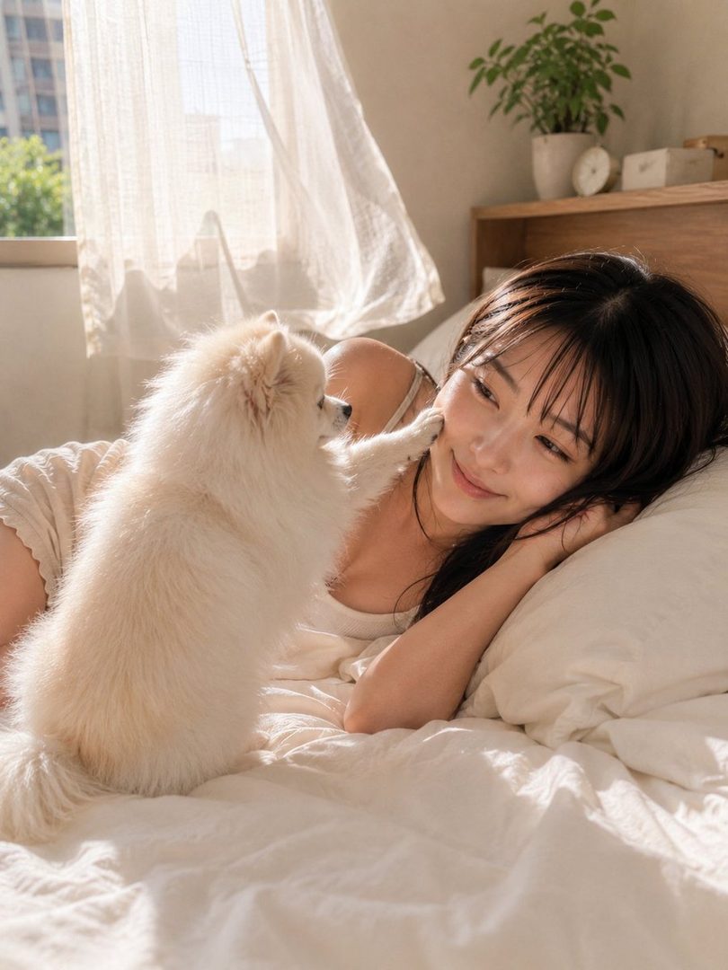 A woman with black hair is lying in bed with a small white dog, which has its paw on her cheek, in a sunlit bedroom.