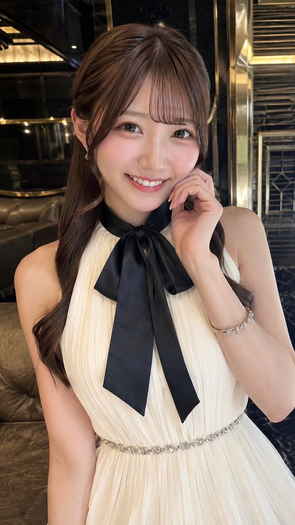 A beautiful woman with long brown hair and bangs smiles while wearing a white dress with a black bow and a sparkly belt.