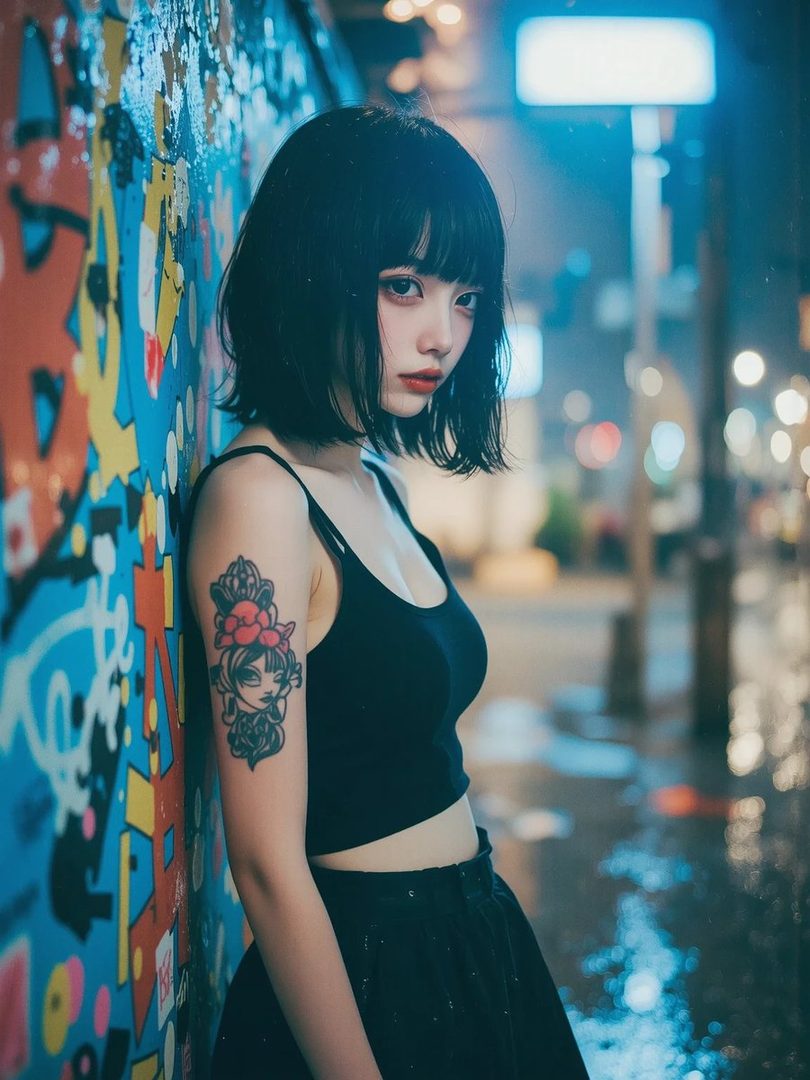 A young woman with short black hair and bangs, wearing a black crop top and skirt, leans against a graffiti-covered wall on a wet street at night.