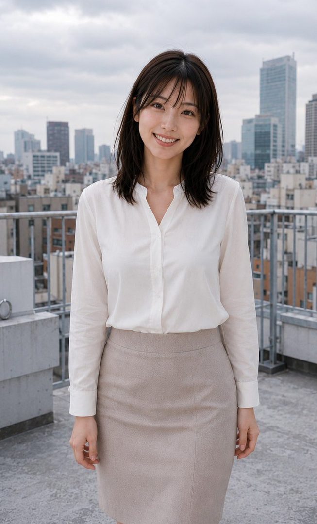 A smiling woman with short black hair stands on a rooftop with a city skyline in the background, wearing a white blouse and a beige skirt.