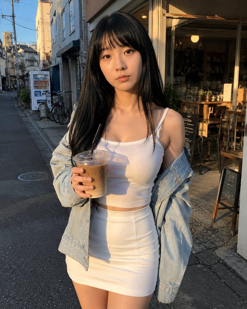 A young woman with long black hair and bangs, wearing a white top and skirt with a denim jacket, stands on a street holding a drink during golden hour.
