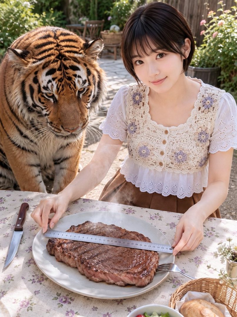 A young woman with short black hair and bangs, wearing a white blouse with a crocheted top, measures a large steak on a plate with a ruler, while a tiger looks on from behind her.
