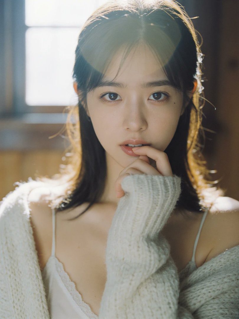 A photorealistic portrait of a young East Asian woman with long black hair, wearing a white knit cardigan and camisole, looking directly at the camera with a serene expression, bathed in soft indoor light.